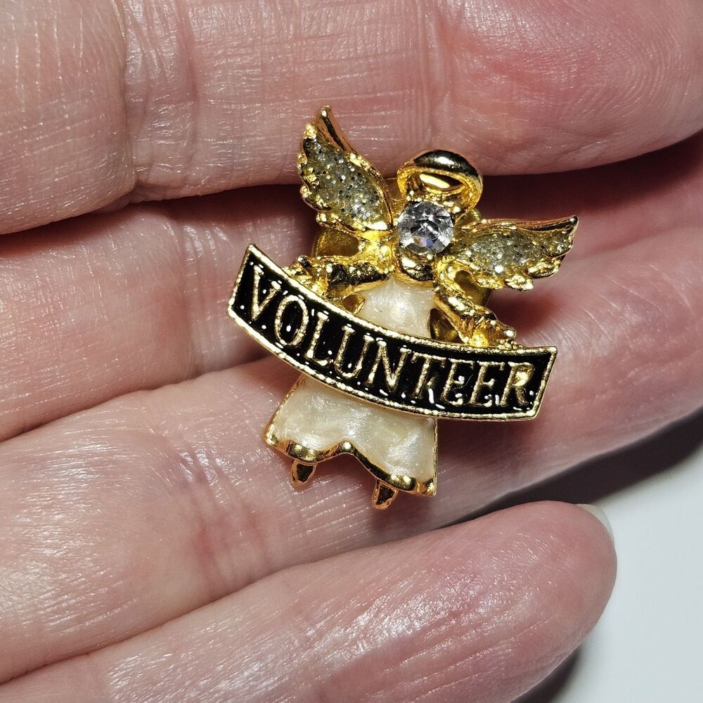 Volunteer Angel Ribbon Rhinestones Pin Gold Tone Lapel Enamel Collectible